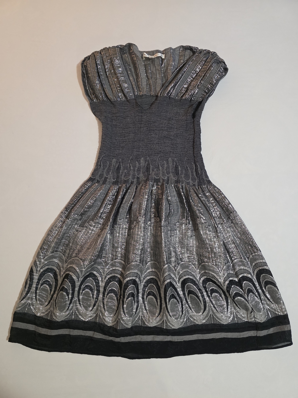 Max Studio M Metallic Silver Black Smocked Dress Art Deco Cocktail Party